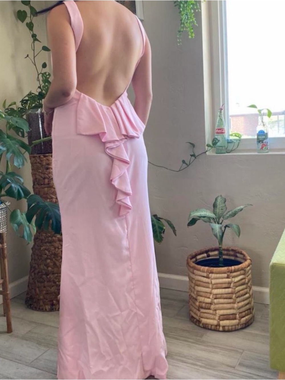 Backless Pink Ruffle-Detail Maxi Dress